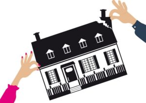 image of womans hand on bottom corner of house and mans hand pulling top corner off
