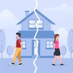 picture of man and woman walking separate directions from a house depicting a tear through the middle of house