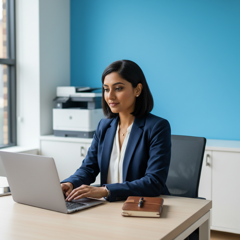 divorce lawyer working on a case on her laptop in her office