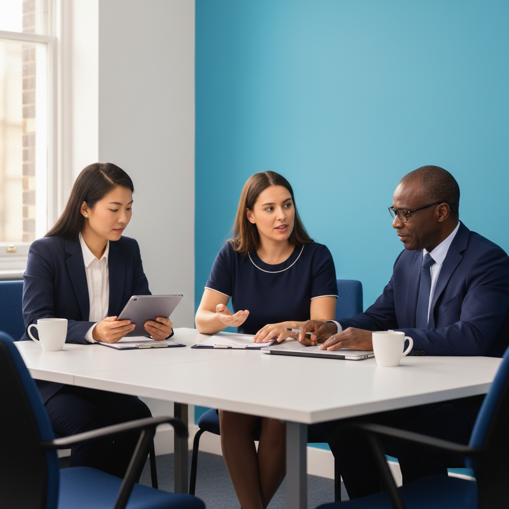 international divorce lawyers having a meeting in a modern office about a legal case