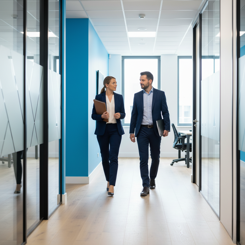two divorce lawyers for men discussing a case whilst walking down the corridor