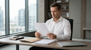 business owner reviewing a pre-nuptial agreement at work